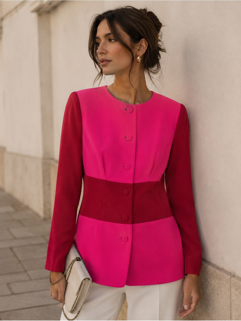 Vintage Dana Buchman Colorblock  Silk Pink Red Blazer Jacket Size 6 Career Chic